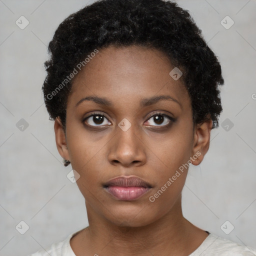 Neutral black young-adult female with short  black hair and brown eyes