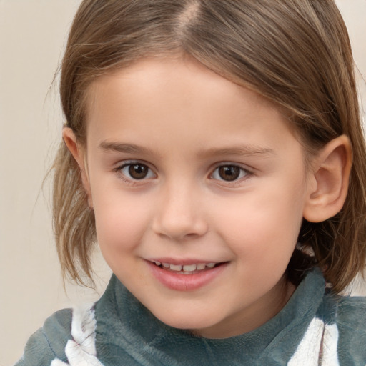 Joyful white child female with medium  brown hair and brown eyes