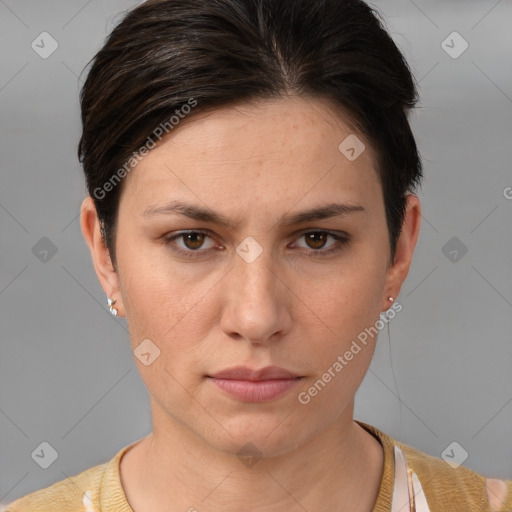 Neutral white young-adult female with short  brown hair and brown eyes