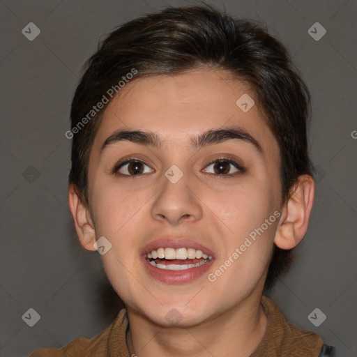 Joyful white young-adult female with medium  brown hair and brown eyes