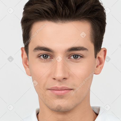 Neutral white young-adult male with short  brown hair and brown eyes