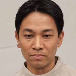 Neutral asian adult male with short  brown hair and brown eyes