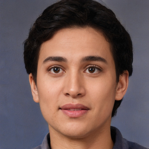 Neutral white young-adult female with short  black hair and brown eyes