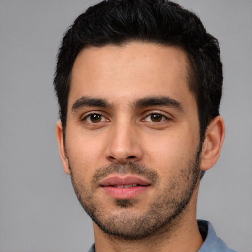 Neutral white young-adult male with short  black hair and brown eyes