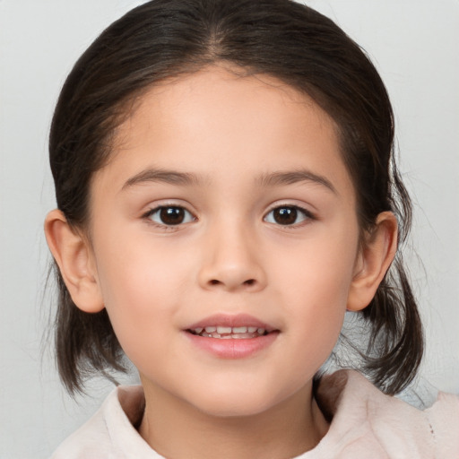 Joyful white child female with medium  brown hair and brown eyes