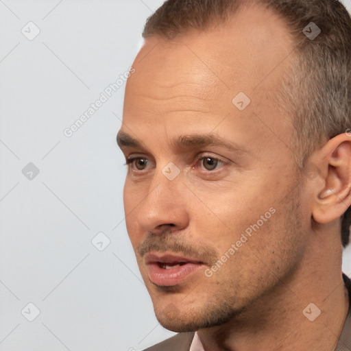 Neutral white young-adult male with short  brown hair and brown eyes