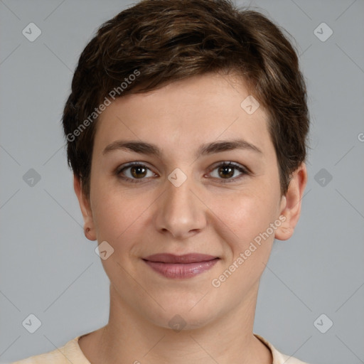 Joyful white young-adult female with short  brown hair and grey eyes