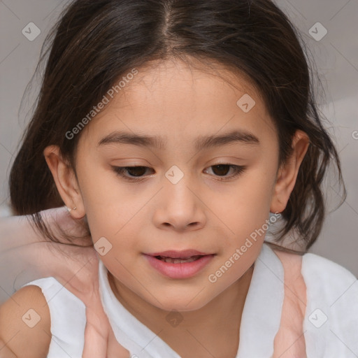 Joyful white child female with medium  brown hair and brown eyes