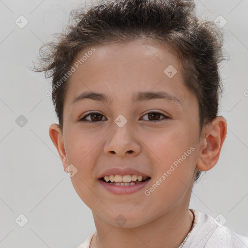 Joyful white child female with short  brown hair and brown eyes