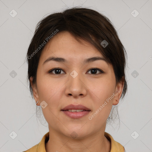 Joyful white young-adult female with medium  brown hair and brown eyes