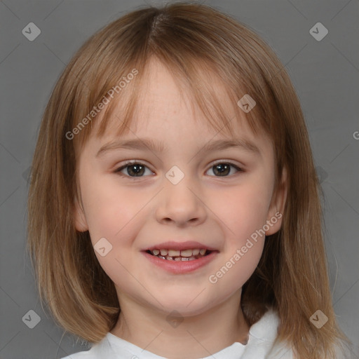 Joyful white child female with medium  brown hair and brown eyes