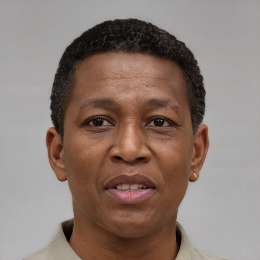 Joyful black adult male with short  brown hair and brown eyes