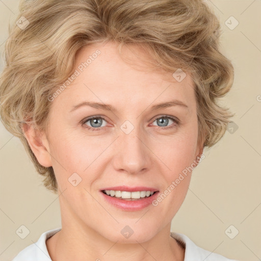 Joyful white adult female with short  brown hair and grey eyes