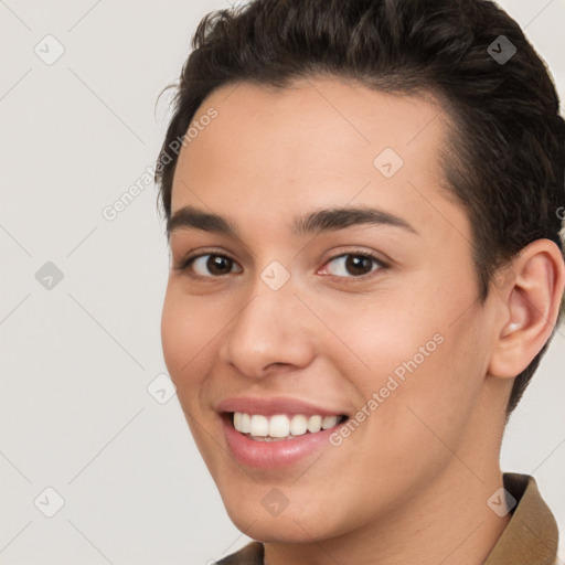 Joyful white young-adult female with short  brown hair and brown eyes