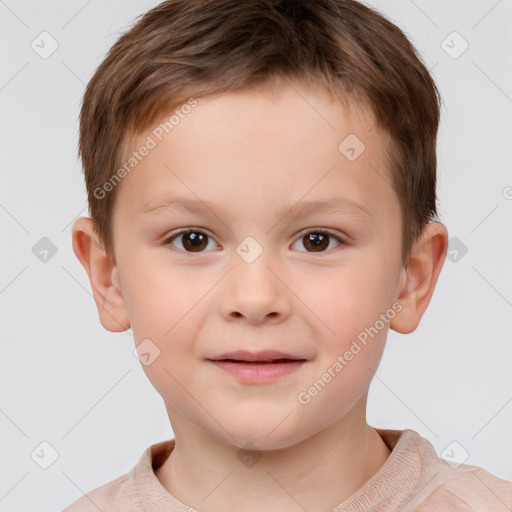 Joyful white child male with short  brown hair and brown eyes