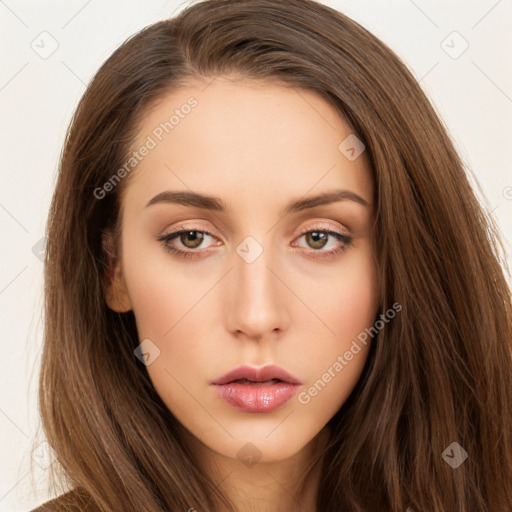 Neutral white young-adult female with long  brown hair and brown eyes