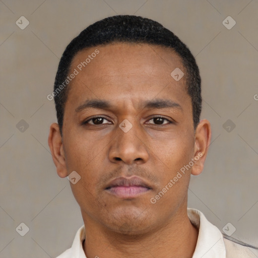 Neutral latino young-adult male with short  black hair and brown eyes