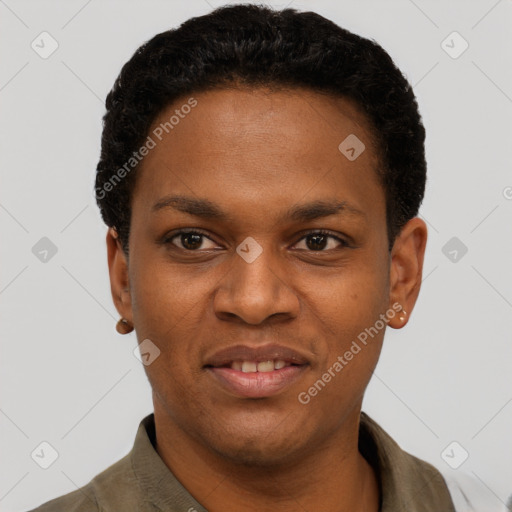 Joyful black young-adult male with short  black hair and brown eyes