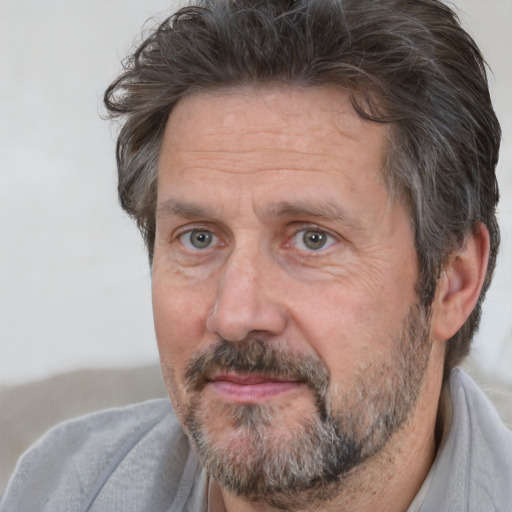 Neutral white middle-aged male with short  brown hair and brown eyes