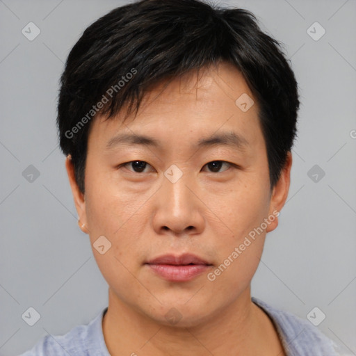 Neutral asian young-adult male with short  black hair and brown eyes