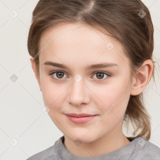 Joyful white child female with medium  brown hair and brown eyes