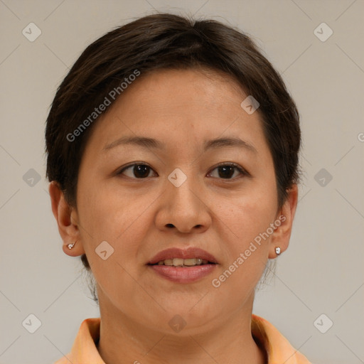 Joyful white adult female with short  brown hair and brown eyes