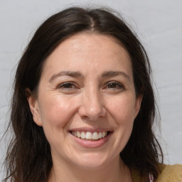 Joyful white adult female with medium  brown hair and brown eyes