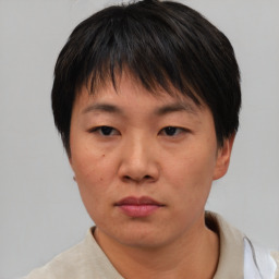 Neutral asian young-adult female with short  brown hair and brown eyes