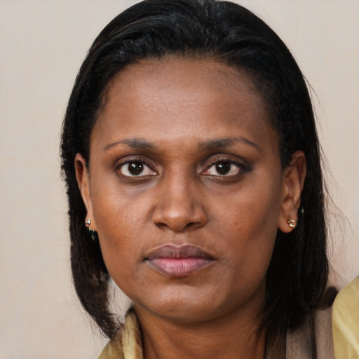 Neutral black adult female with long  black hair and brown eyes