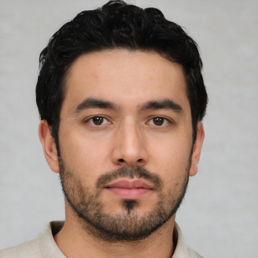 Neutral asian young-adult male with short  black hair and brown eyes