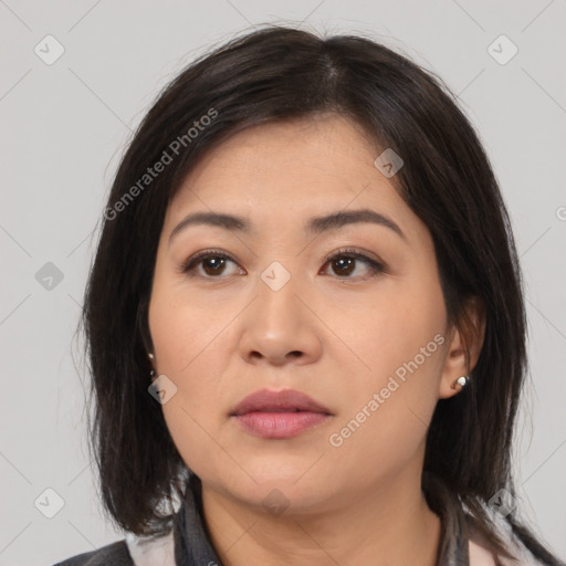 Neutral asian young-adult female with medium  brown hair and brown eyes