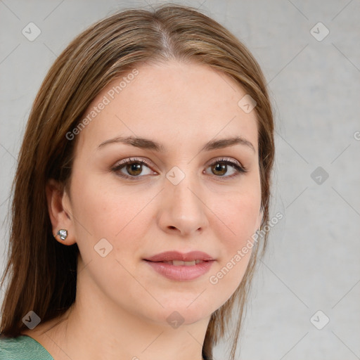 Joyful white young-adult female with medium  brown hair and green eyes