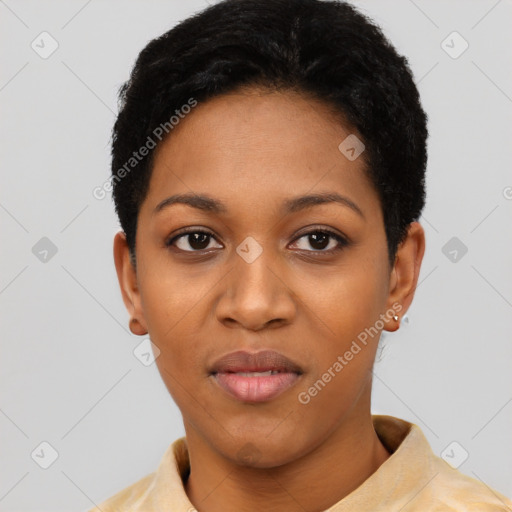 Joyful latino young-adult female with short  black hair and brown eyes