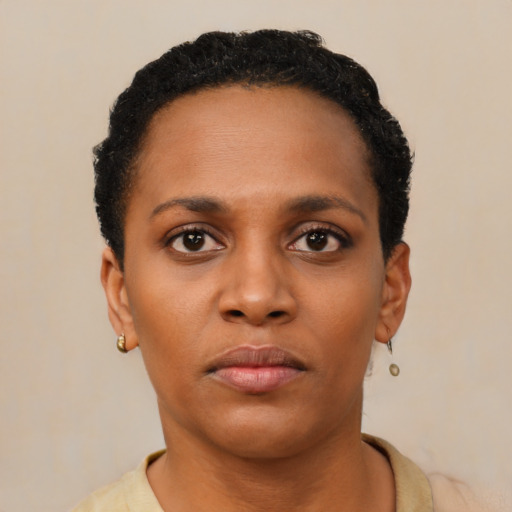 Neutral black young-adult female with short  black hair and brown eyes