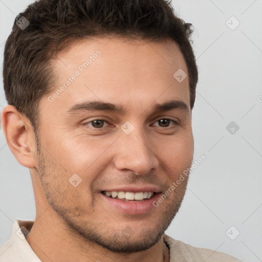 Joyful white young-adult male with short  brown hair and brown eyes