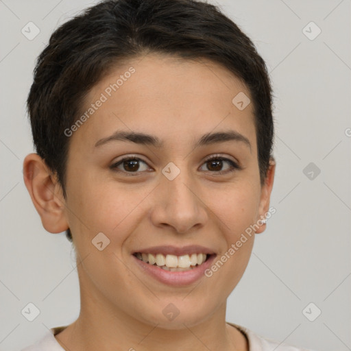 Joyful white young-adult female with short  brown hair and brown eyes