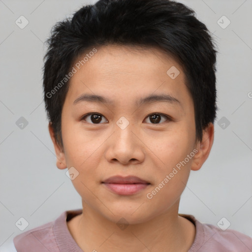 Joyful asian young-adult female with short  brown hair and brown eyes