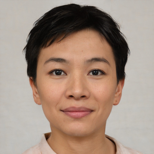 Joyful asian young-adult female with short  black hair and brown eyes