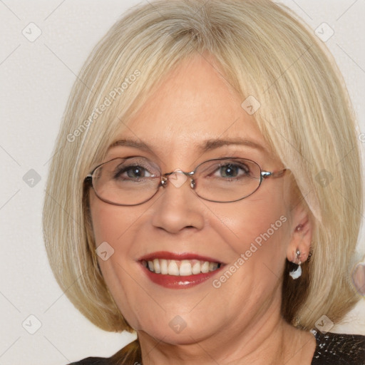 Joyful white adult female with medium  brown hair and blue eyes