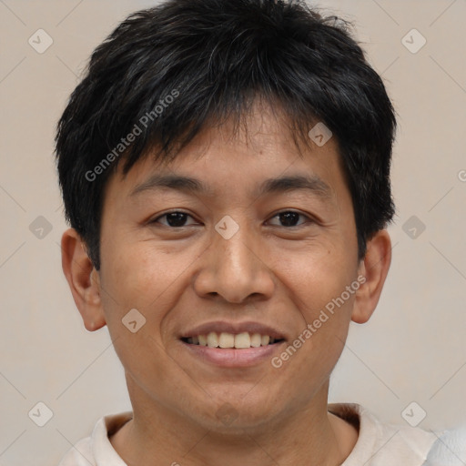 Joyful asian young-adult male with short  brown hair and brown eyes