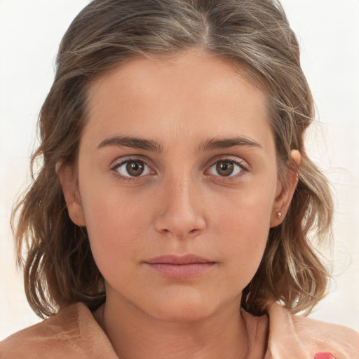 Neutral white young-adult female with medium  brown hair and brown eyes