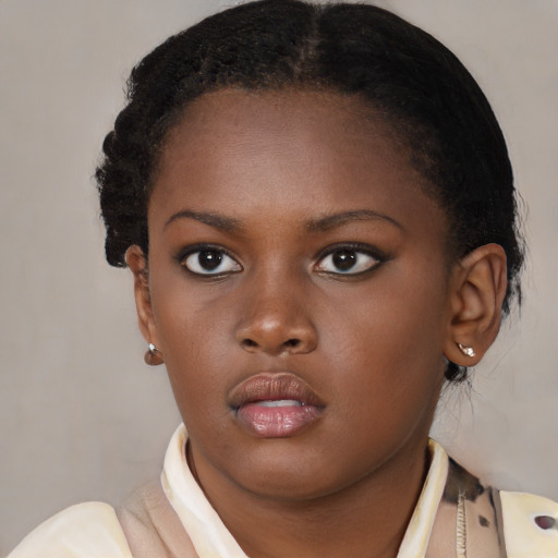 Neutral black young-adult female with short  brown hair and brown eyes