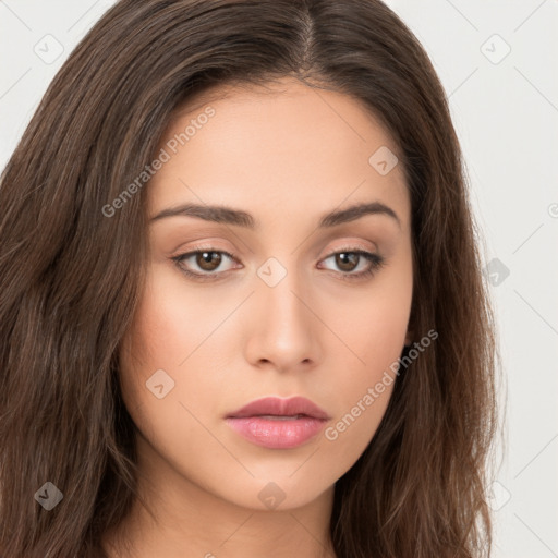 Neutral white young-adult female with long  brown hair and brown eyes