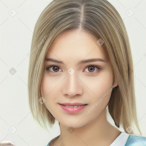 Joyful white young-adult female with medium  brown hair and brown eyes