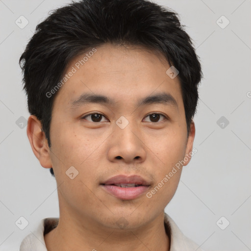 Neutral asian young-adult male with short  brown hair and brown eyes