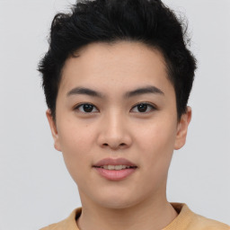 Joyful asian young-adult female with short  black hair and brown eyes