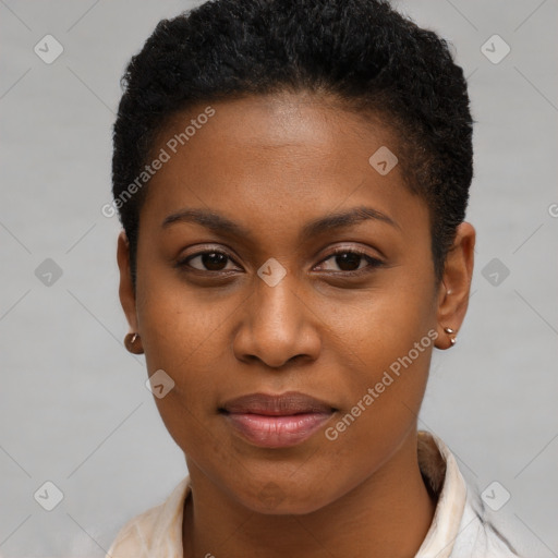 Joyful black young-adult female with short  brown hair and brown eyes