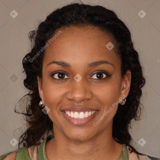 Joyful black young-adult female with medium  brown hair and brown eyes