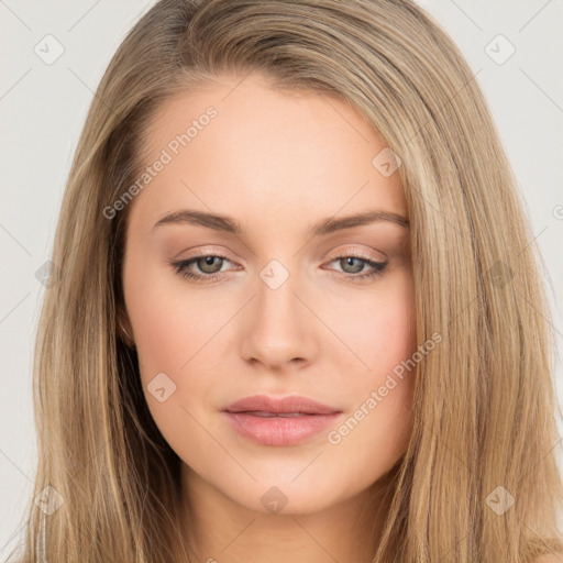 Neutral white young-adult female with long  brown hair and brown eyes