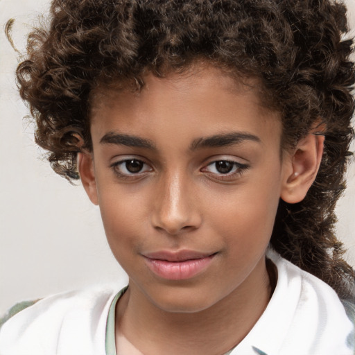 Joyful white child female with short  brown hair and brown eyes